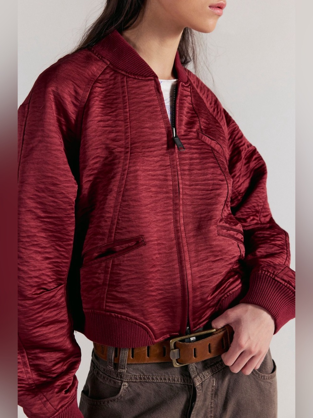 NWT SOLD OUT Free People Ellie Satin Bomber Jacket Sz Small / Red Bark